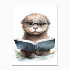 Smart Baby Otter Wearing Glasses Watercolour Illustration 2 Canvas Print