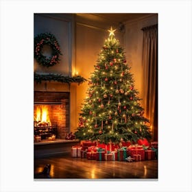 Christmas Tree In Front Of Fireplace 17 Canvas Print