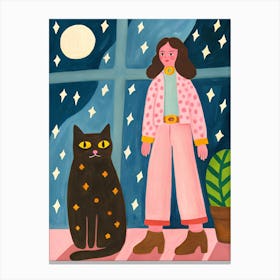 Black Cat and Woman Girl with Fashion Outfit Canvas Print