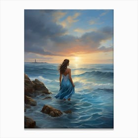 Woman Walking In The Ocean Canvas Print