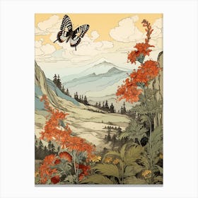 Japanese Style Painting Of A Butterfly With A Mountaneous Backdrop Canvas Print
