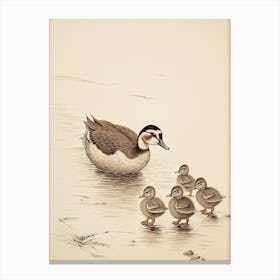 Duckling Family Japanese Woodblock Style 1 Canvas Print