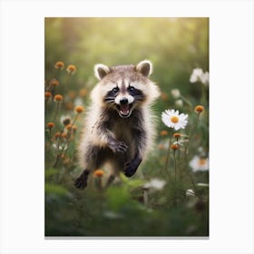 Cute Funny Common Raccoon Running On A Field Wild 2 Canvas Print