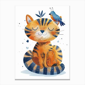 Small Joyful Tiger With A Bird On Its Head 7 Canvas Print