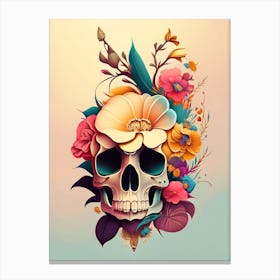 Skull With Tattoo Style Artwork 3 Primary Colours Vintage Floral Canvas Print