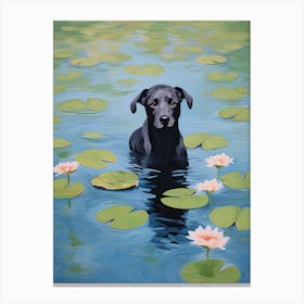 Monet Waterlilies With Black Dog Puppy Canvas Print