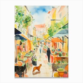 Food Market With Cats In Sintra 2 Watercolour Canvas Print