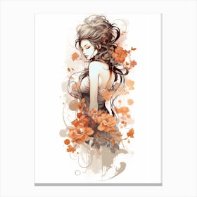 Abstract Watercolor Inks Asian Woman With Flowers Canvas Print