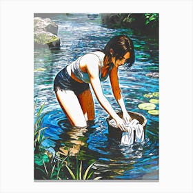 Woman Washing In River Canvas Print