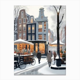 Amsterdam cafes, winter season, Christmas, autumn oil colors, pale colors, pedestrians in the street, winter clothes, falling snow.12 2 Canvas Print