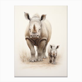 Rhino & Baby Rhino Sepia Illustration 1 Canvas Print