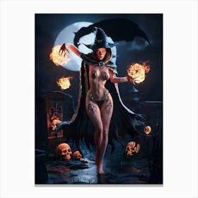 Sexy Evil Witch with Tattoos and Fireballs #6 Canvas Print