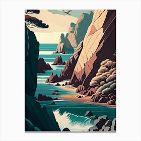 Coastal Cliffs And Rocky Shores Waterscape Retro Illustration 2 Canvas Print