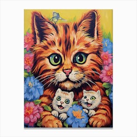 Louis Wain, Surreal Cat With Kittens And Flowers 1 Canvas Print