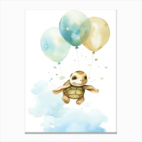 Baby Turtle Flying With Ballons, Watercolour Nursery Art 3 Canvas Print