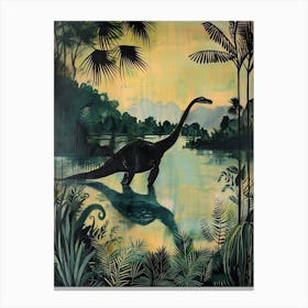 Dinosaur With Tropical Leaves Silhouette Painting Canvas Print