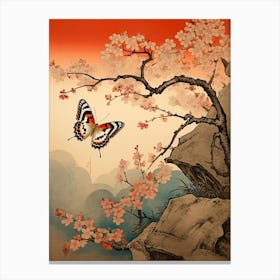 Butterfly & Cherry Blossom Japanese Style Painting Canvas Print