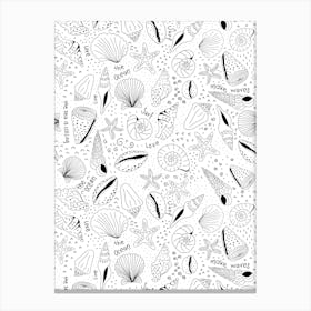 Scattered Seashells and Surfer Lingo Black and White Line Art Canvas Print