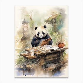 Panda Art Doing Calligraphy Watercolour 1 Canvas Print