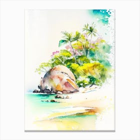 La Digue 1 Seychelles Watercolour Pastel Tropical Destination Canvas Print