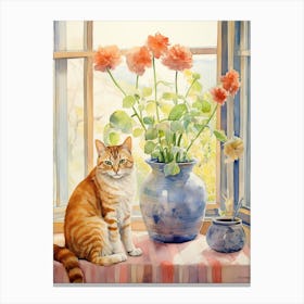 Cat With Amaryllis Flowers Watercolor Mothers Day Valentines 1 Canvas Print