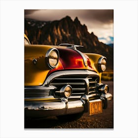 Classic Car Parked In Front Of Mountains Canvas Print