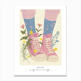Step Into Spring Illustration Pink Sneakers And Flowers 5 Canvas Print