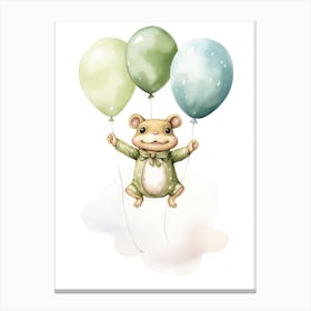 Baby Frog Flying With Ballons, Watercolour Nursery Art 3 Canvas Print
