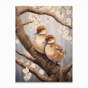 Ducklings Resting On A Tree Branch Japanese Woodblock Style 4 Canvas Print