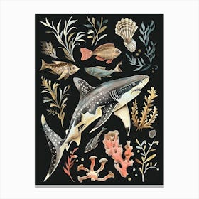 Shark In The Ocean Seascape Black Background Illustration 2 Canvas Print