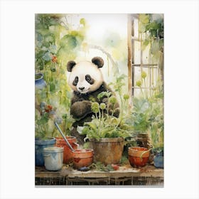 Panda Art Gardening Watercolour 2 Canvas Print