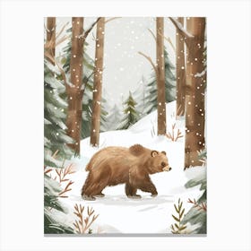 Sloth Bear Walking Through A Snow Covered Forest Storybook Illustration 4 Canvas Print