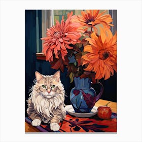 Chrysanthemum Flower Vase And A Cat, A Painting In The Style Of Matisse 1 Canvas Print