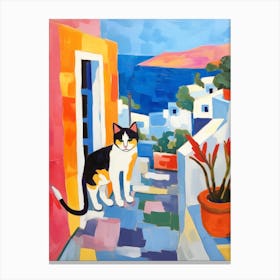 Painting Of A Cat In Santorini Greece 3 Canvas Print