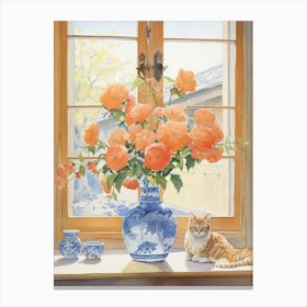 Cat With Camelia Flowers Watercolor Mothers Day Valentines 2 Canvas Print