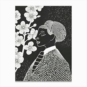 A Woman In Traditional Garb Admiring Plum Blossoms Linocut Canvas Print