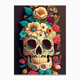 Sugar Skull Day Of The Dead Inspired Skull Vintage Floral Canvas Print