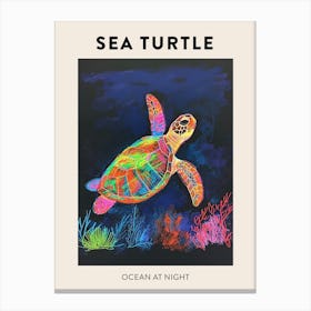 Neon Sea Turtle In The Sea At Night Poster 2 Canvas Print