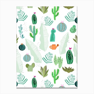 Cactus And Flowers Tropical Pattern Canvas Print