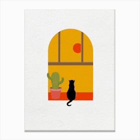 Minimal Art Cat In The Window Canvas Print