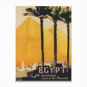 Egypt. Pyramids and Palm Trees, Muted Neutral Colors, Vintage Travel Poster Canvas Print