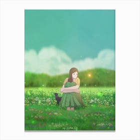 Spring girl Hugging Cat green season Canvas Print