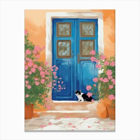 Black And White Cat And Blue Door Canvas Print