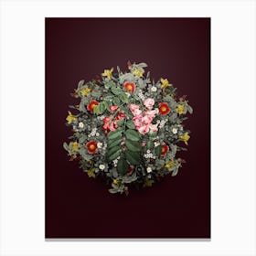 Vintage Robinier Rose Bloom Flower Wreath on Wine Red n.0683 Canvas Print