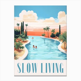 Slow Living. Gouache Landscape with Quote. Vintage Travel Swimming Canvas Print