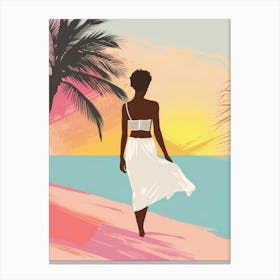 Woman Walking On The Beach At Sunset Canvas Print