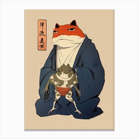 Frog And Cat, Matsumoto Hoji Inspired Japanese Woodblock 1 Canvas Print