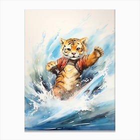 Tiger Illustration Surfing Watercolour 1 Canvas Print