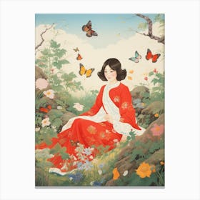 Japanese Style Painting Of Butterflies & Woman In The Meadow Canvas Print