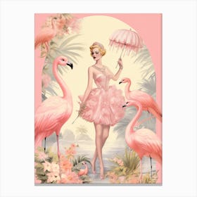 Vintage Pink Flamingo Woman Illustration Kitsch 3 Canvas Print